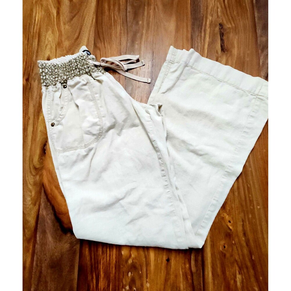 Rewash Boho Beige Linen Blend Wide Leg Drawstring Pants Y2K Beach Women's Medium